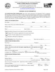 Form 2102 Certificate of Experience - South Carolina