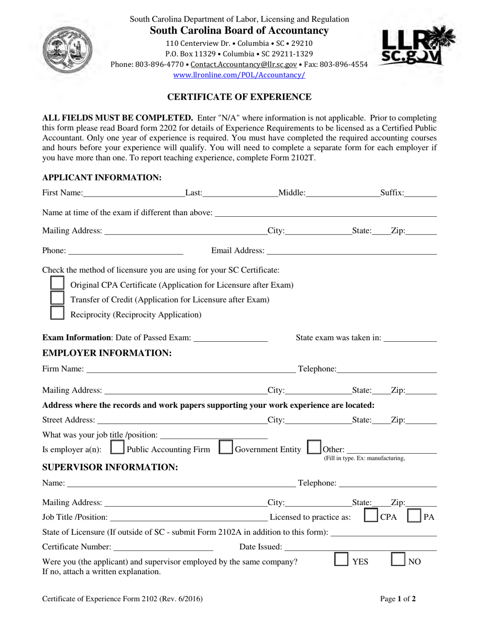 Form 2102 Certificate of Experience - South Carolina, Page 1