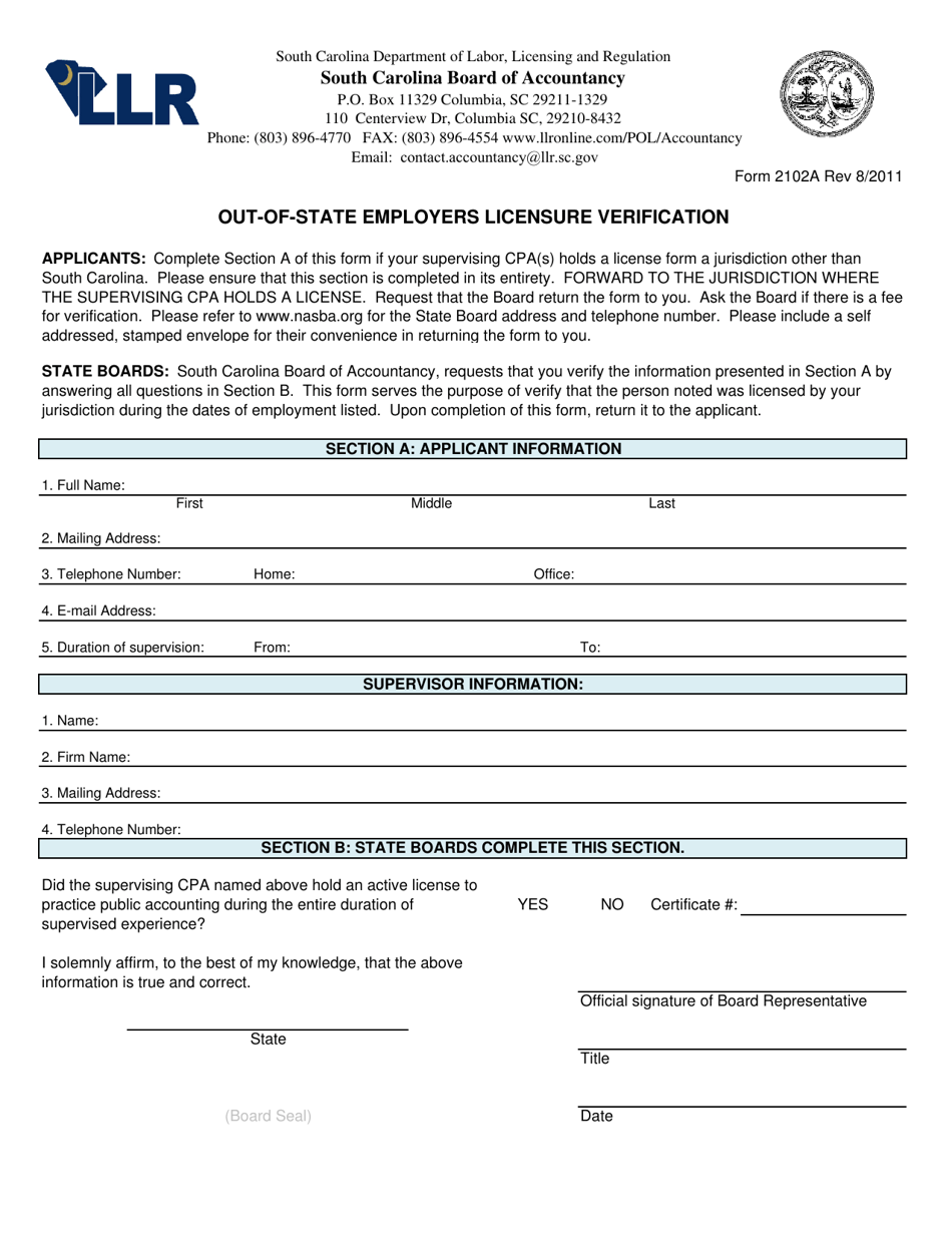 Form 2102A Out-of-State Employers Licensure Verification - South Carolina, Page 1