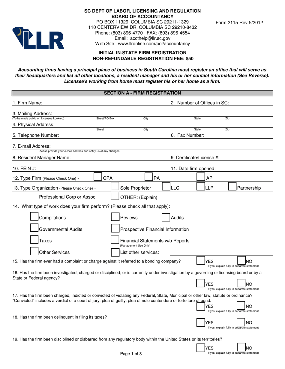 Form 2115 Initial in-State Firm Registration - South Carolina, Page 1