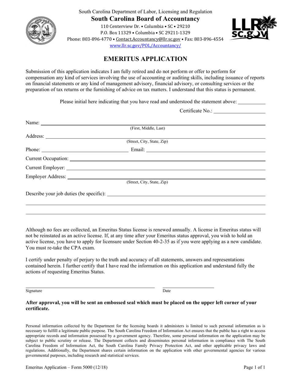 Form 5000 Emeritus Application - South Carolina, Page 1