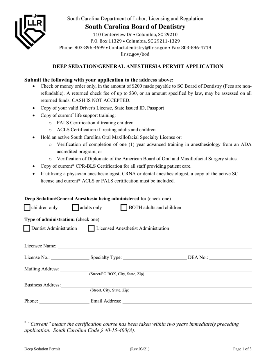 Deep Sedation / General Anesthesia Permit Application - South Carolina, Page 4