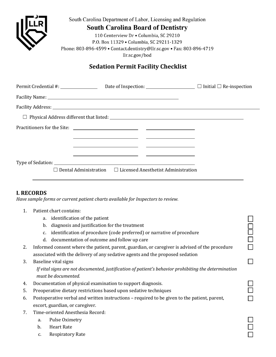 Sedation Permit Facility Checklist - South Carolina, Page 1