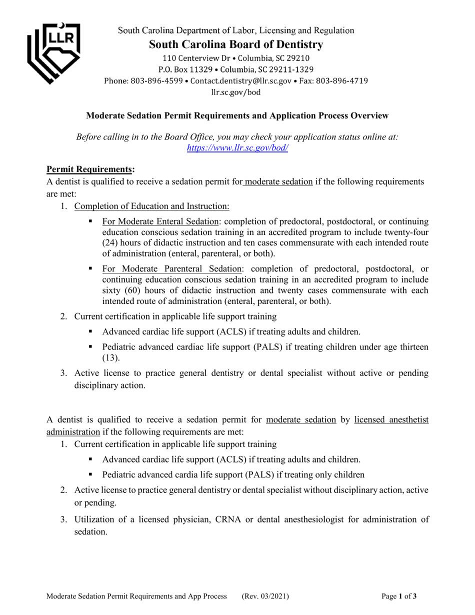 Moderate Sedation Permit Application - South Carolina, Page 1