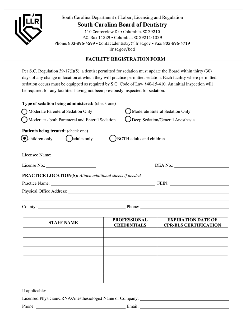 Facility Registration Form - South Carolina, Page 1
