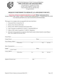 Document preview: Request for Permit to Operate an Amusement Device - South Carolina