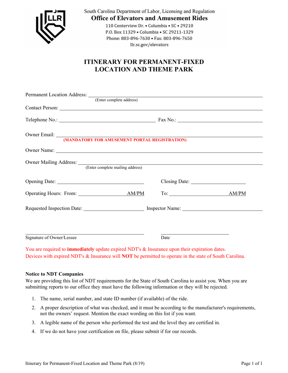 Itinerary for Permanent-Fixed Location and Theme Park - South Carolina, Page 1