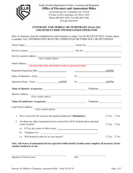 Form 102 Itinerary for Mobile or Temporary Amusement Ride Owner/Lessee/Operator - South Carolina