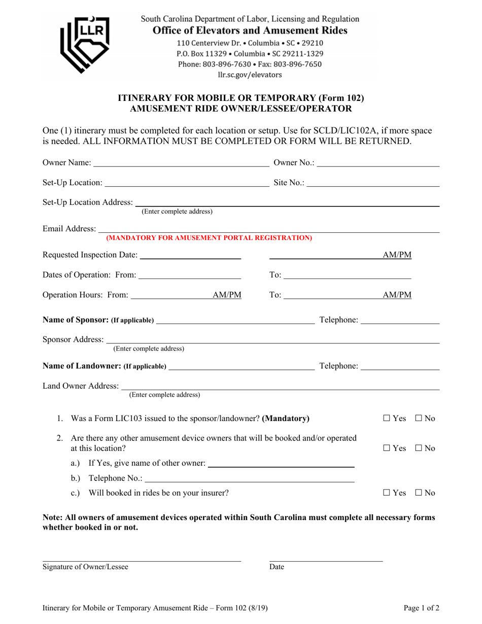 Form 102 Itinerary for Mobile or Temporary Amusement Ride Owner / Lessee / Operator - South Carolina, Page 1