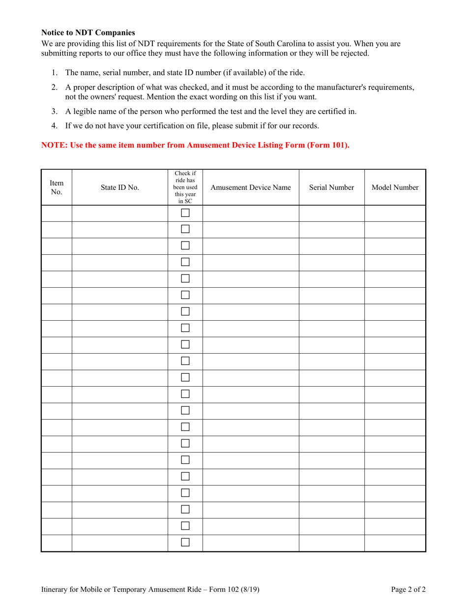 Form 102 Itinerary for Mobile or Temporary Amusement Ride Owner / Lessee / Operator - South Carolina, Page 2