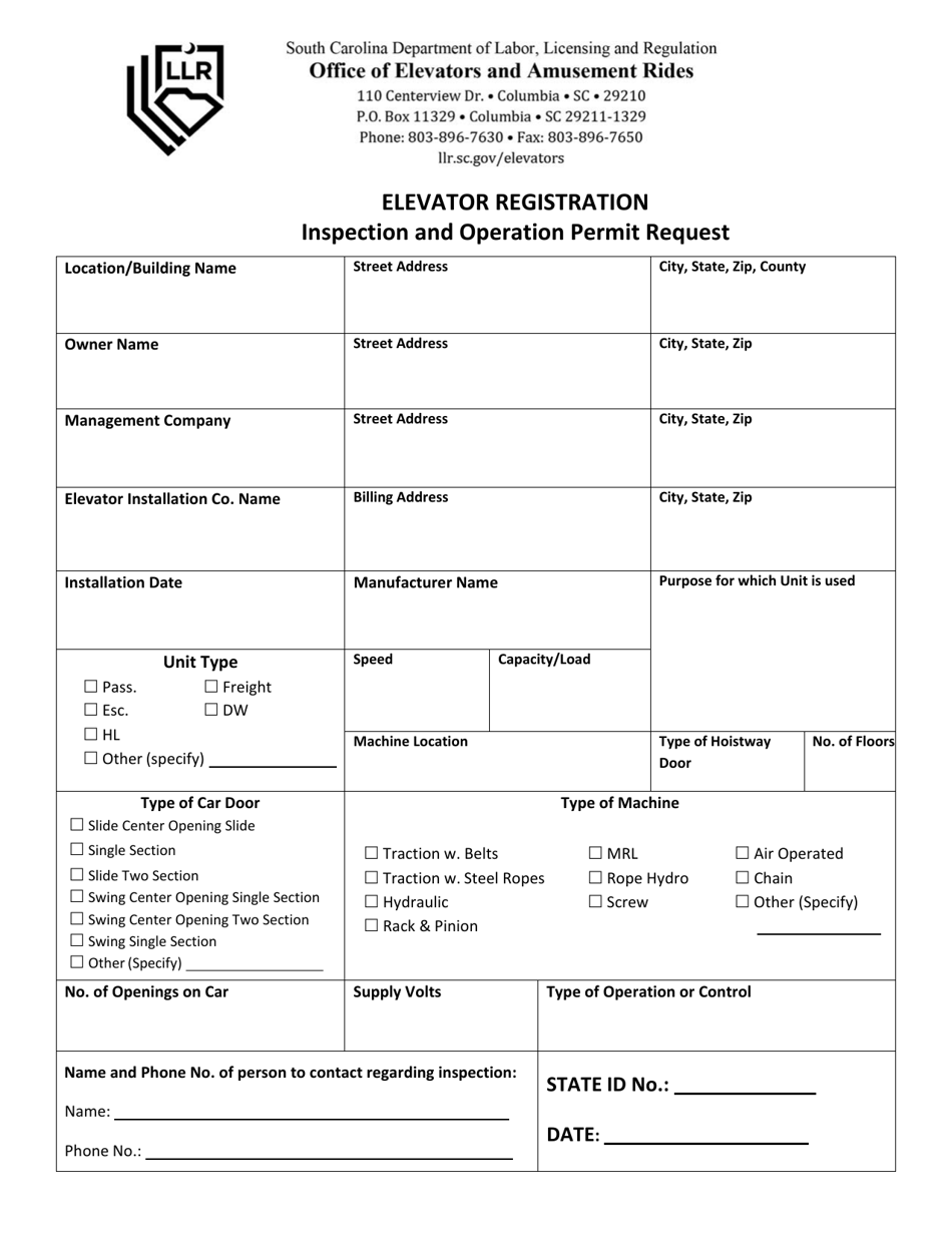 Elevator Registration Inspection and Operation Permit Request - South Carolina, Page 1