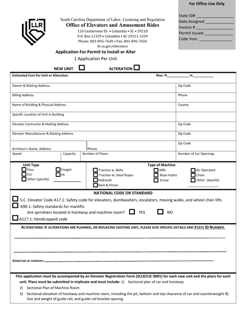 Application for Permit to Install or Alter - South Carolina