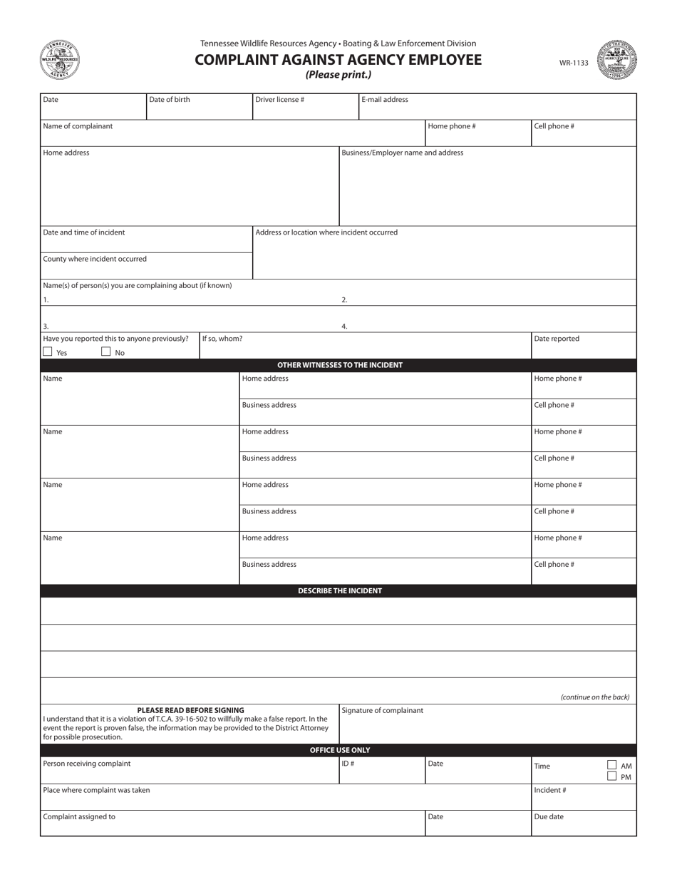 Form WR-1133 Complaint Against Agency Employee - Tennessee, Page 1