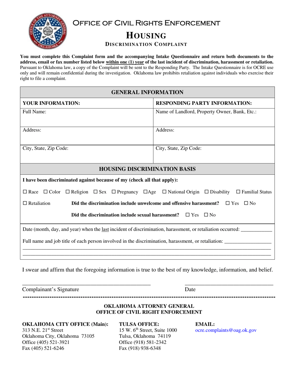 Oklahoma Housing Discrimination Complaint Fill Out, Sign Online and
