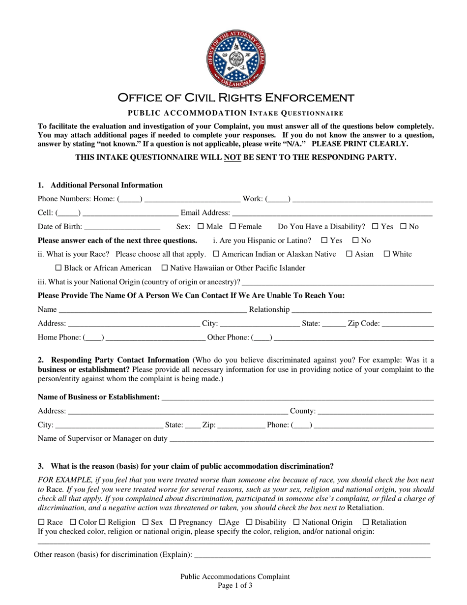 Public Accommodation Discrimination Complaint - Oklahoma, Page 2