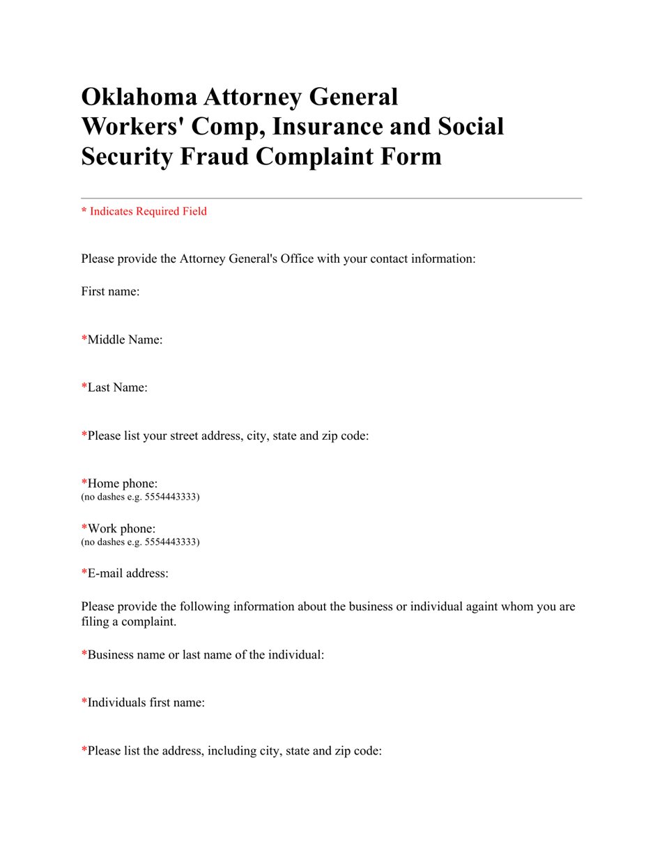 Workers Comp, Insurance and Social Security Fraud Complaint Form - Oklahoma, Page 1