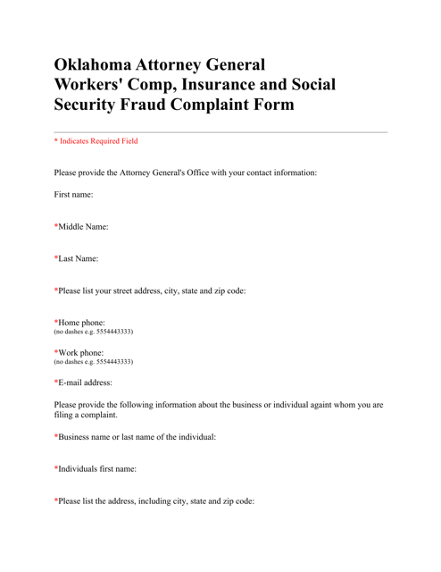 Workers' Comp, Insurance and Social Security Fraud Complaint Form - Oklahoma Download Pdf