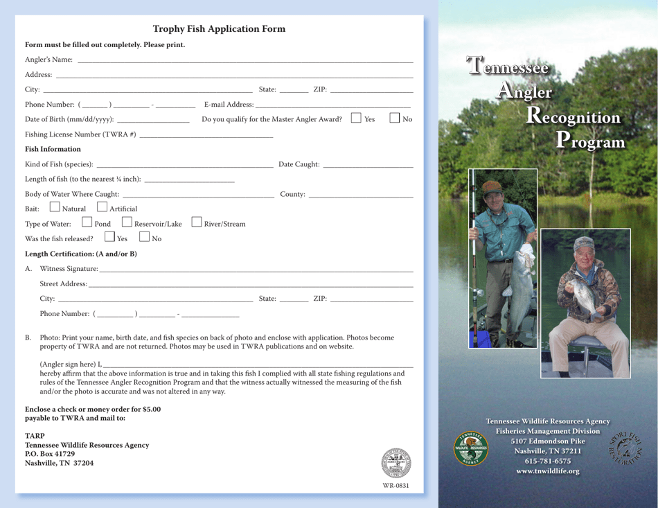 Form WR-0831 Trophy Fish Application Form - Tennessee, Page 1
