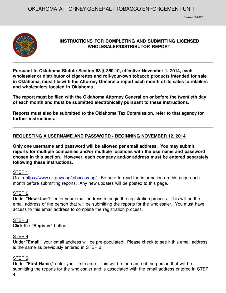 Oklahoma Instructions for Completing and Submitting Licensed Wholesaler