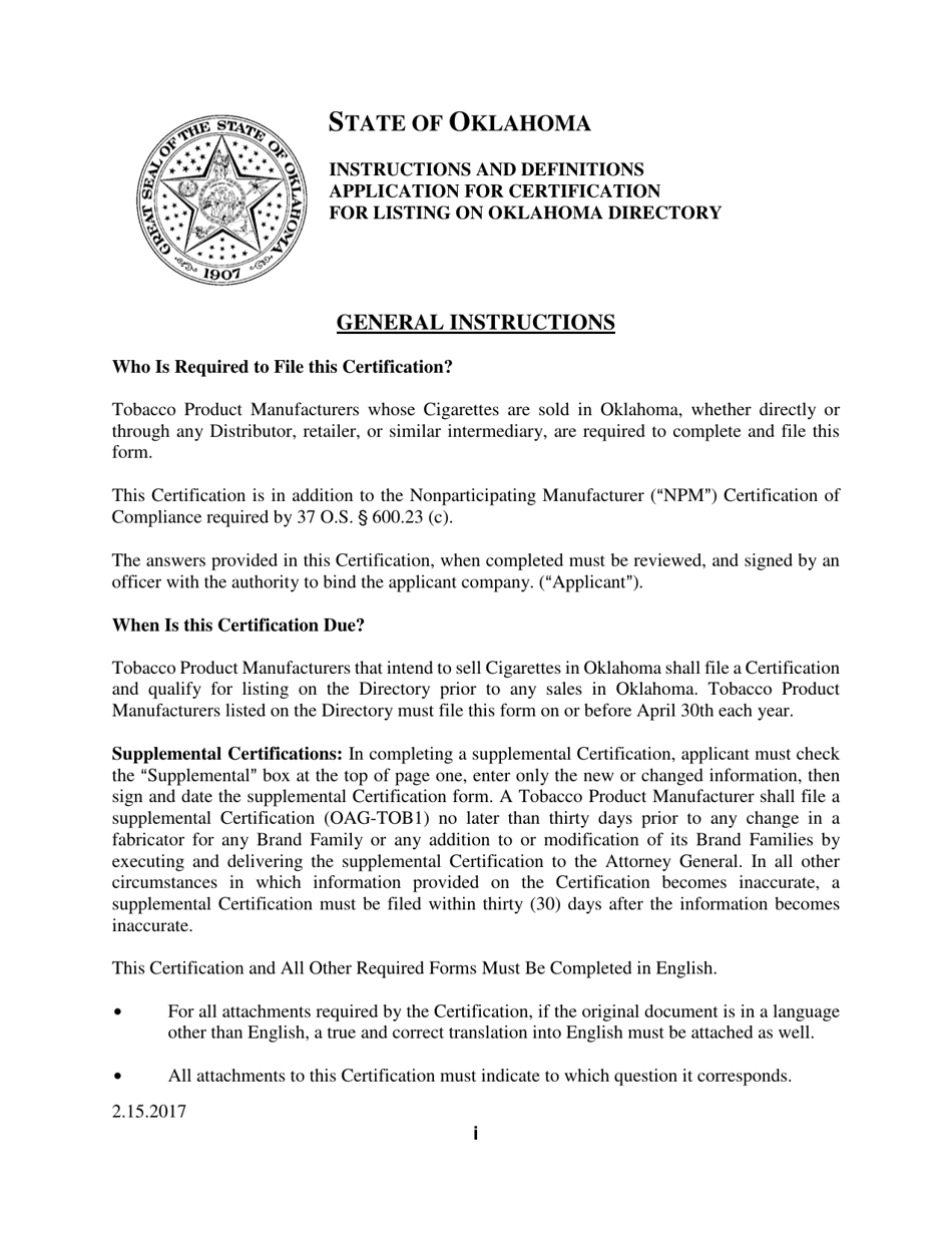 Instructions for Tobacco Directory Application - Oklahoma, Page 1