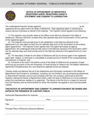 Notice of Appointment of Importer's Registered Agent, Registered Agent's Statement, and Consent to Jurisdiction - Oklahoma