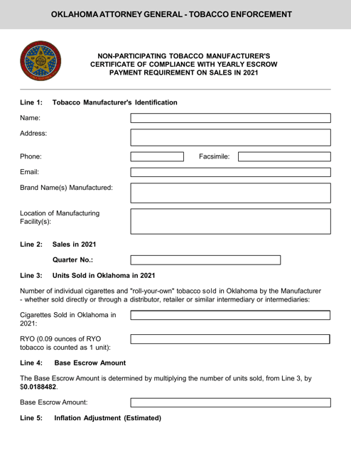 Non-participating Tobacco Manufacturer's Certificate of Compliance With Yearly Escrow Payment Requirement on Sales - Oklahoma Download Pdf