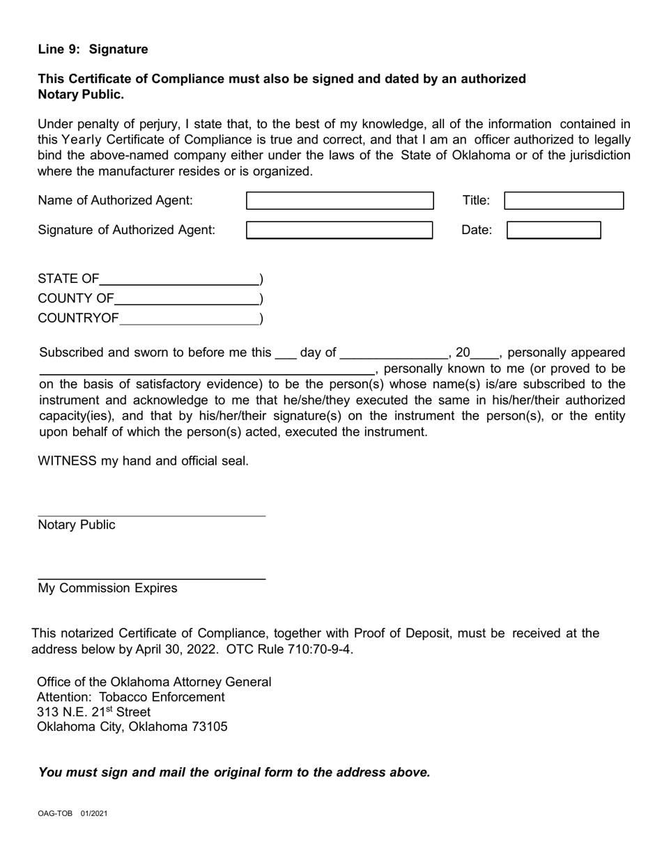 Non-participating Tobacco Manufacturers Certificate of Compliance With Yearly Escrow Payment Requirement on Sales - Oklahoma, Page 3