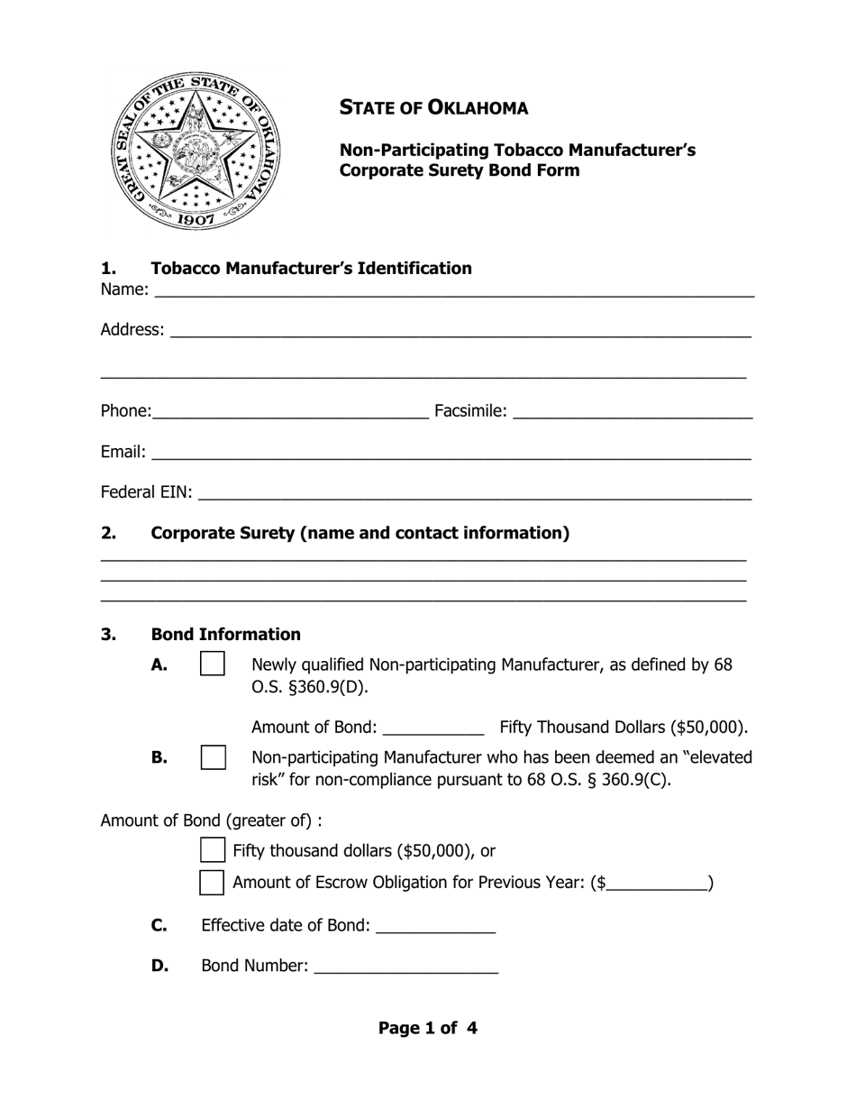 Form OAG-TOB5 Non-participating Tobacco Manufacturers Corporate Surety Bond Form - Oklahoma, Page 1