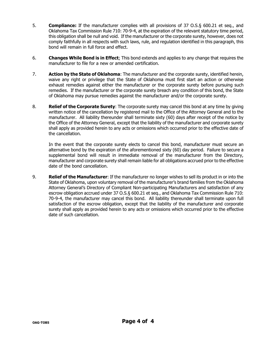 Form OAG-TOB5 Non-participating Tobacco Manufacturers Corporate Surety Bond Form - Oklahoma, Page 4