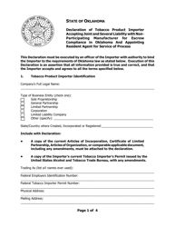 Document preview: Form OAG-TOB4 Declaration of Tobacco Product Importer Accepting Joint and Several Liability With Non-participating Manufacturer for Escrow Compliance in Oklahoma and Appointing Resident Agent for Service of Process - Oklahoma