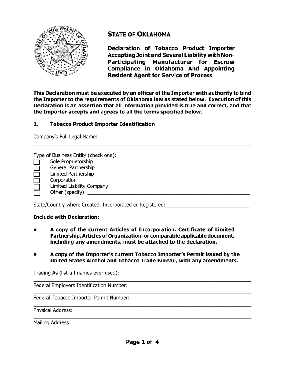 Form OAG-TOB4 Declaration of Tobacco Product Importer Accepting Joint and Several Liability With Non-participating Manufacturer for Escrow Compliance in Oklahoma and Appointing Resident Agent for Service of Process - Oklahoma, Page 1