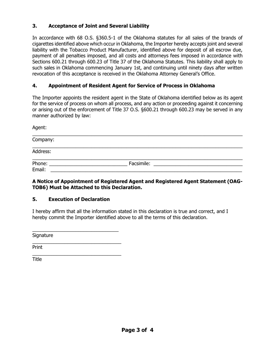 Form OAG-TOB4 Declaration of Tobacco Product Importer Accepting Joint and Several Liability With Non-participating Manufacturer for Escrow Compliance in Oklahoma and Appointing Resident Agent for Service of Process - Oklahoma, Page 3