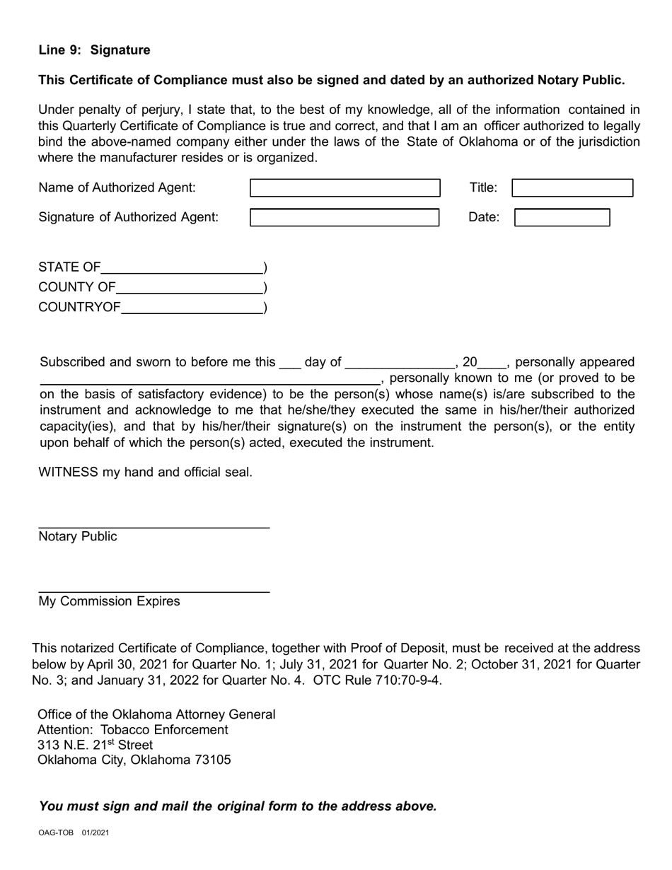 Non-participating Tobacco Manufacturers Certificate of Compliance With Quarterly Escrow Payment Requirement on Sales - Oklahoma, Page 3