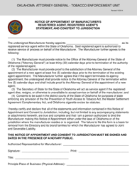 Notice of Appointment of Manufacturer's Registered Agent, Registered Agent's Statement, and Constent to Jurisdiction - Oklahoma