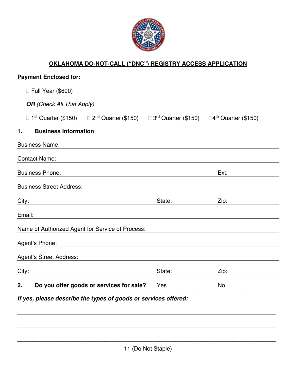 Commercial Telephone Solicitor (telemarketer) Registration and / or Do-Not-Call (dnc) Registry Access Application - Oklahoma, Page 11