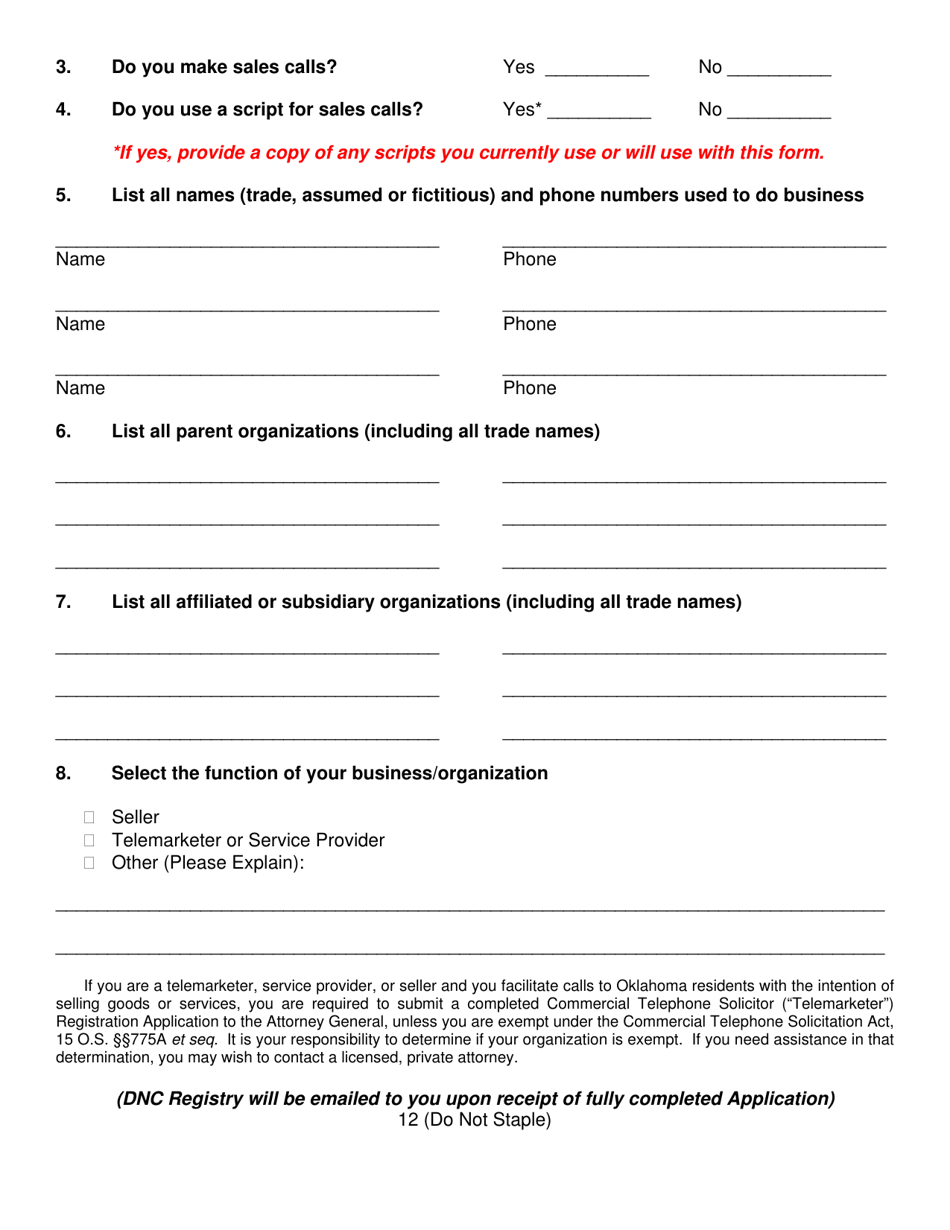 Commercial Telephone Solicitor (telemarketer) Registration and / or Do-Not-Call (dnc) Registry Access Application - Oklahoma, Page 12