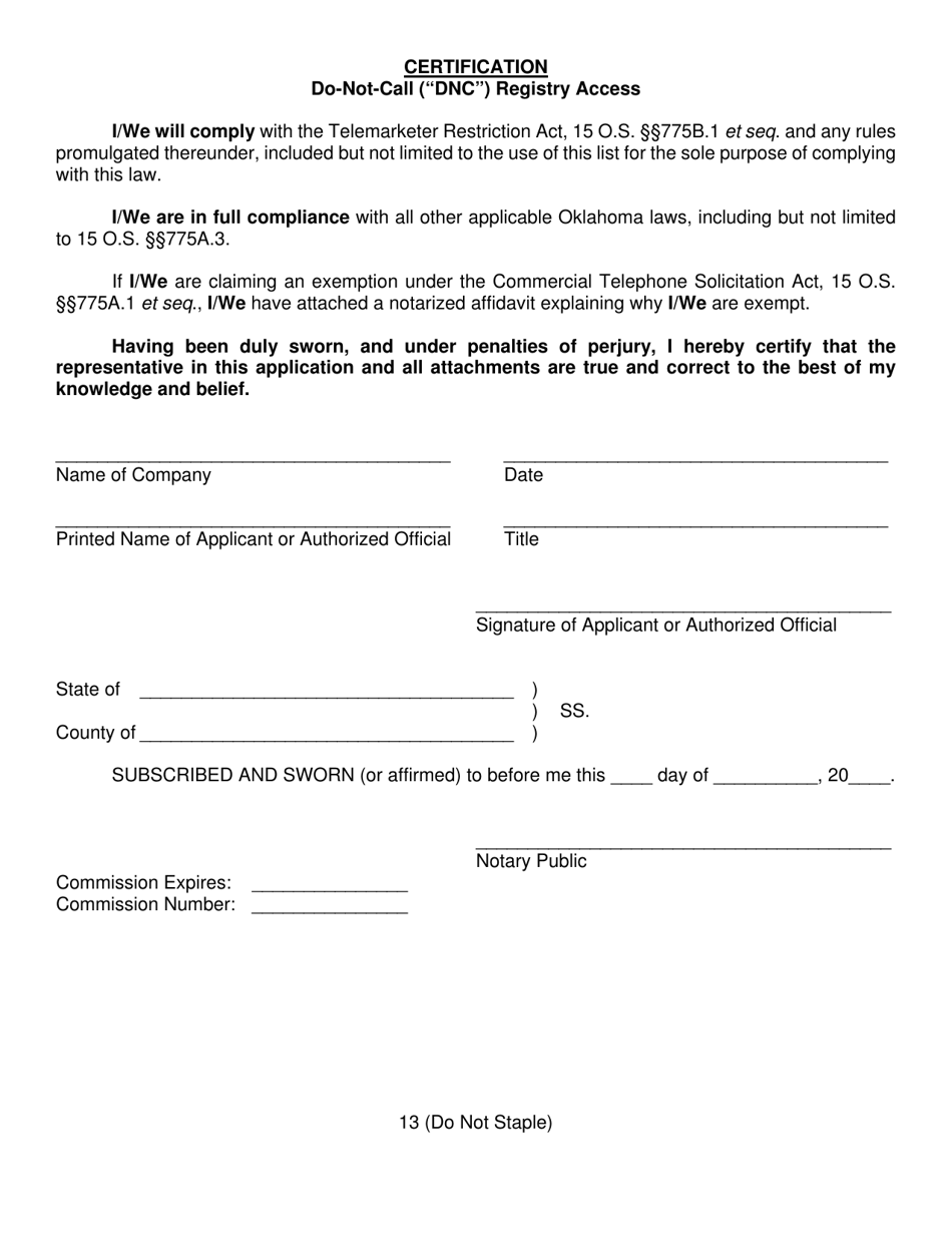 Commercial Telephone Solicitor (telemarketer) Registration and / or Do-Not-Call (dnc) Registry Access Application - Oklahoma, Page 13
