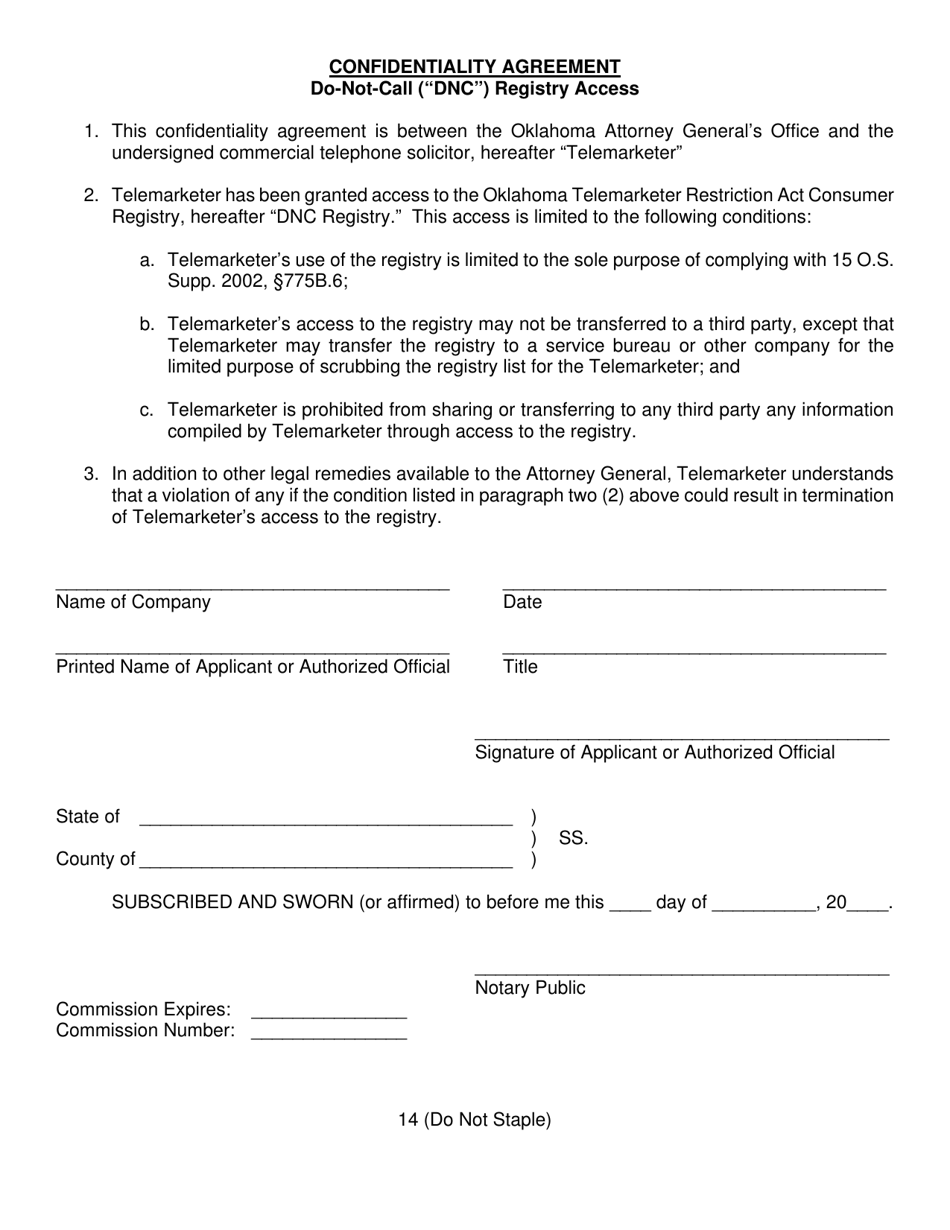 Commercial Telephone Solicitor (telemarketer) Registration and / or Do-Not-Call (dnc) Registry Access Application - Oklahoma, Page 14