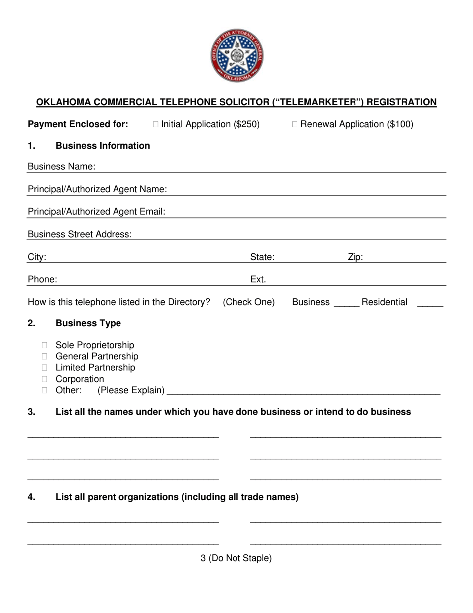 Commercial Telephone Solicitor (telemarketer) Registration and / or Do-Not-Call (dnc) Registry Access Application - Oklahoma, Page 3