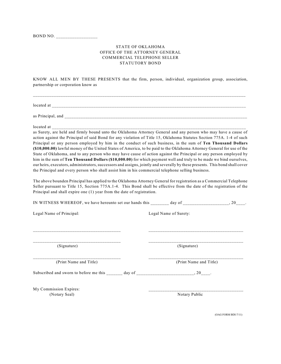 Commercial Telephone Seller Statutory Bond - Oklahoma, Page 1