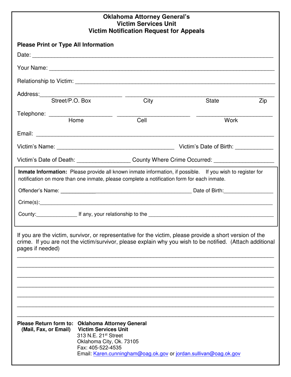 Oklahoma Victim Notification Request for Appeals - Fill Out, Sign ...