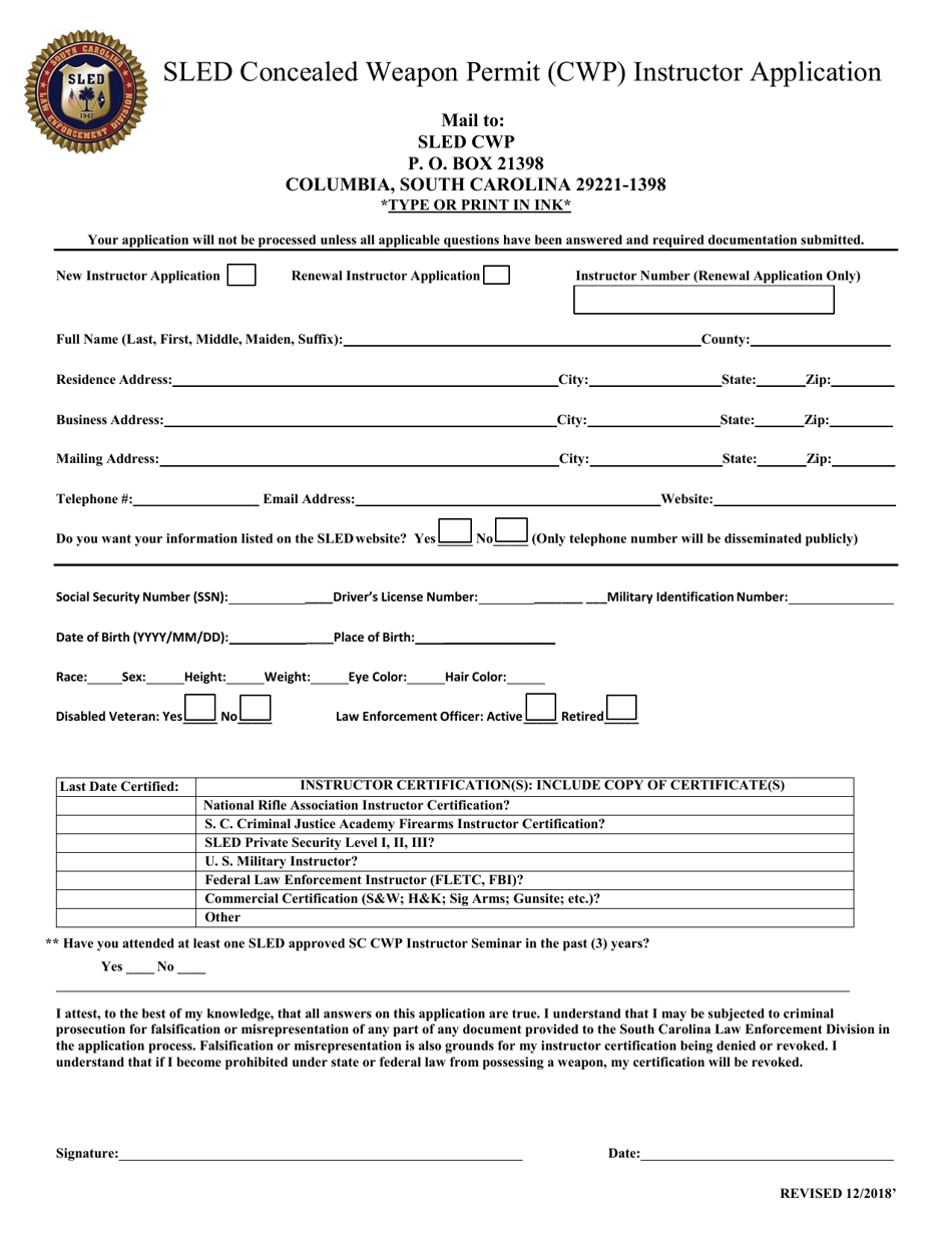 Sled Concealed Weapon Permit (Cwp) Instructor Application - South Carolina, Page 1