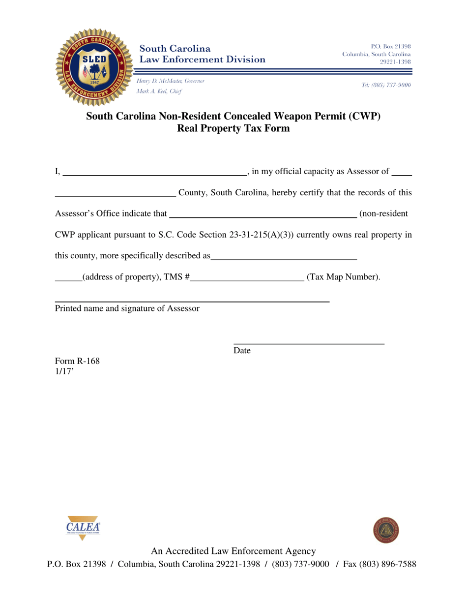 Form R-168 South Carolina Non-resident Concealed Weapon Permit (Cwp) Real Property Tax Form - South Carolina, Page 1