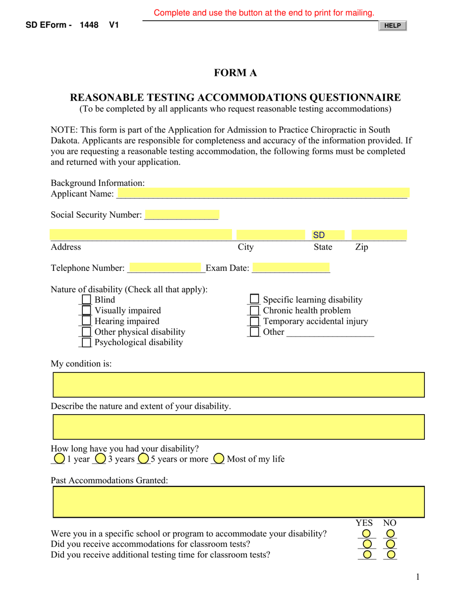 Form A (SD Form 1448) Reasonable Testing Accommodations Questionnaire - South Dakota, Page 1