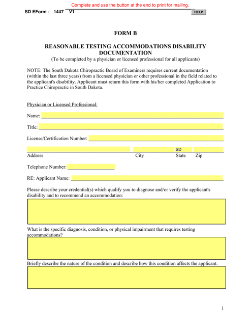 Form B (SD Form 1447) Reasonable Testing Accommodations Disability Documentation - South Dakota