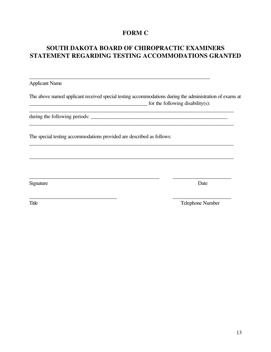 Form C Statement Regarding Testing Accommodations Granted - South Dakota Board of Chiropractic Examiners - South Dakota, Page 1