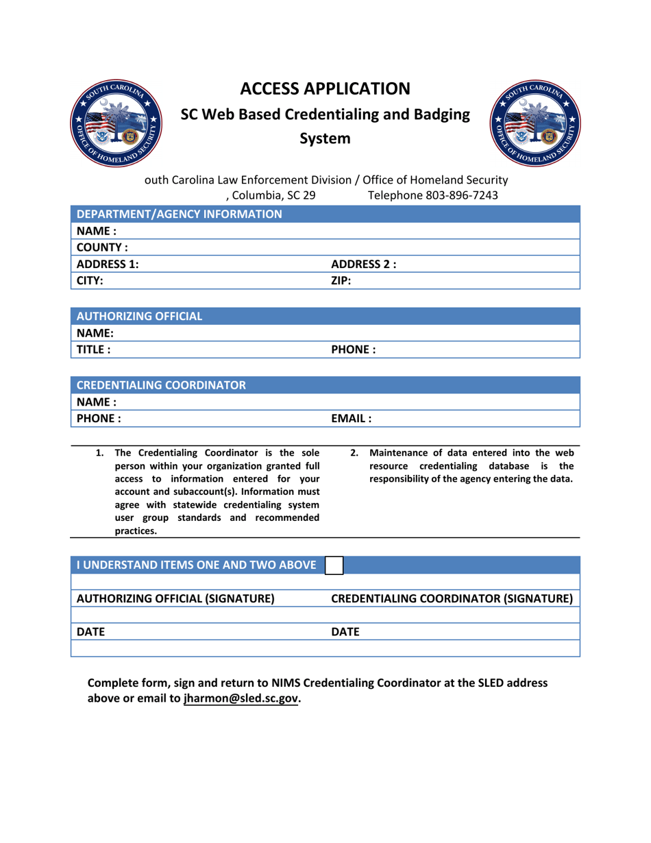 Access Application - Sc Web Based Credentialing and Badging System - South Carolina, Page 1