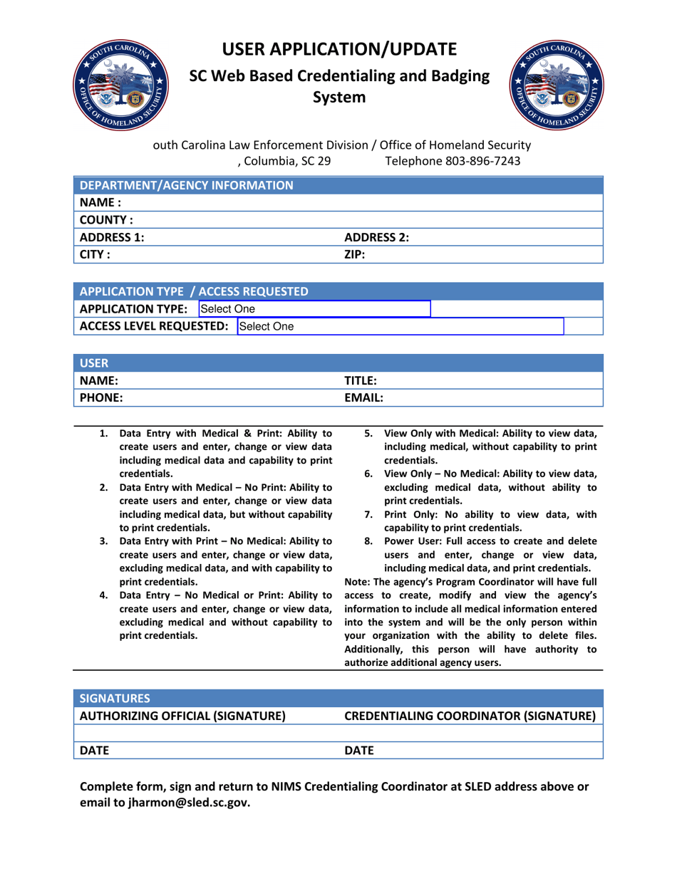 User Application / Update - Sc Web Based Credentialing and Badging System - South Carolina, Page 1