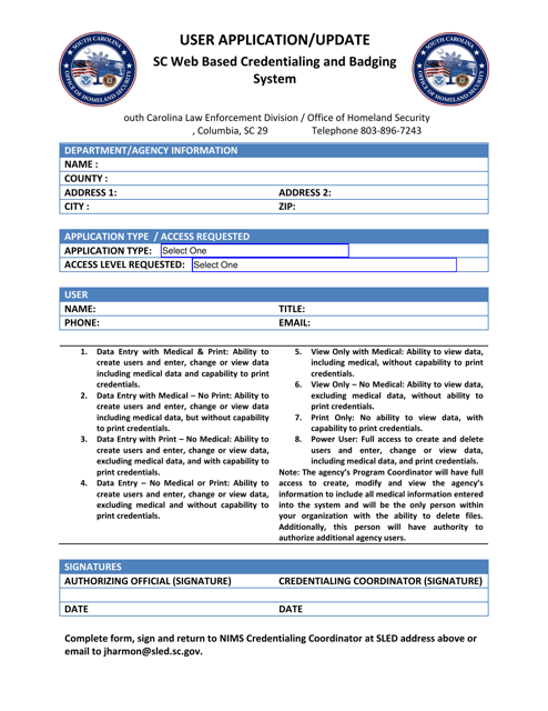 User Application / Update - Sc Web Based Credentialing and Badging System - South Carolina Download Pdf