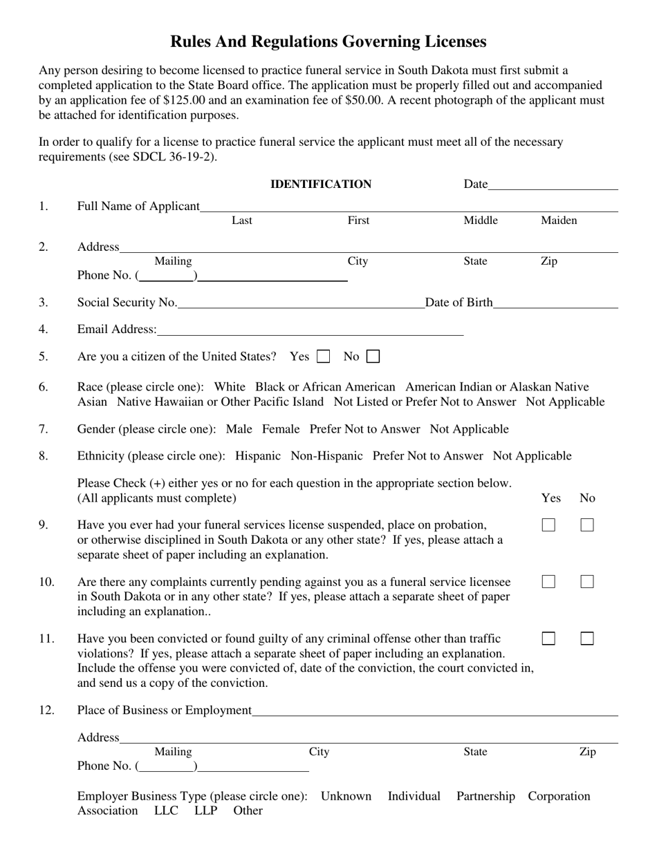 South Dakota Application for License to Practice Funeral Service as an ...